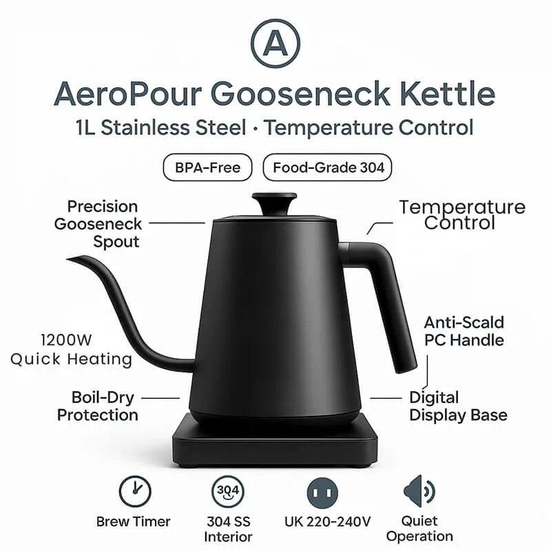 Mimyy AeroPour Gooseneck Kettle-1L Stainless steel Temp control